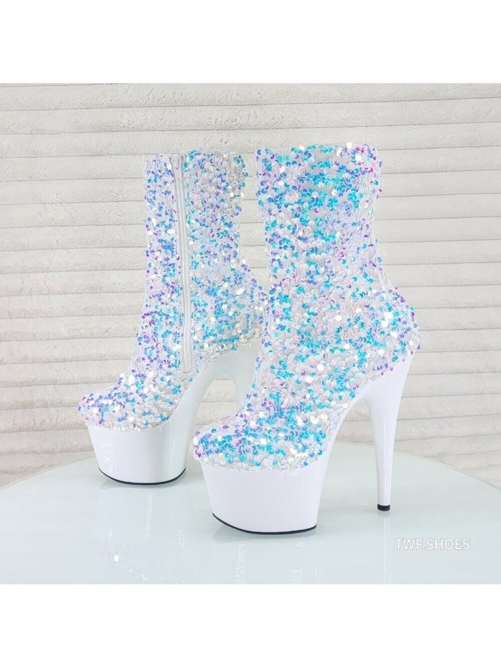 White Ice Multi Sequin Platform 7" Heels Ankle Boots Adore 1042 - Picture 7 of 8
